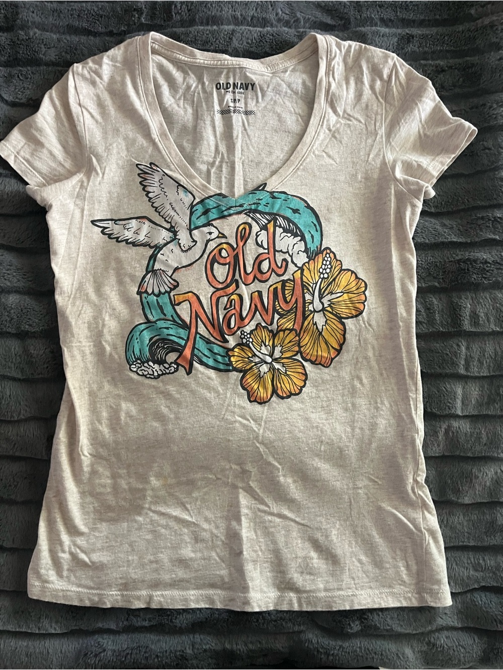 Old Navy White V-Neck Tee with Floral, Wave & Dove Graphic